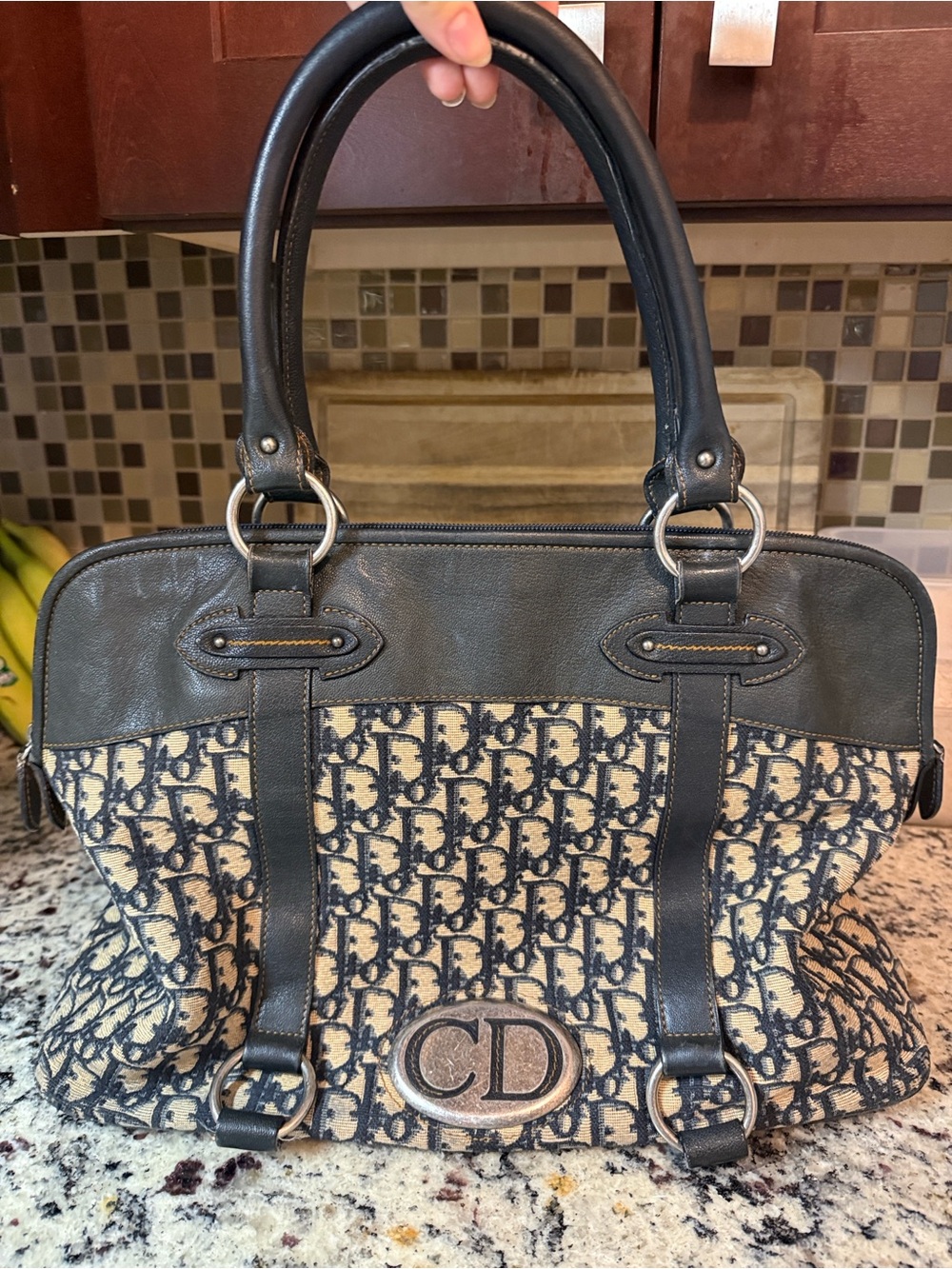 Dior Navy and Cream Monogram Satchel with CD Emblem